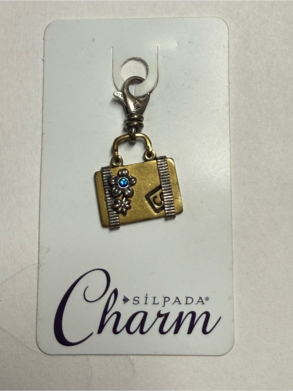 Silpada Two-Tone Suitcase Charm with Blue Crystal Accent